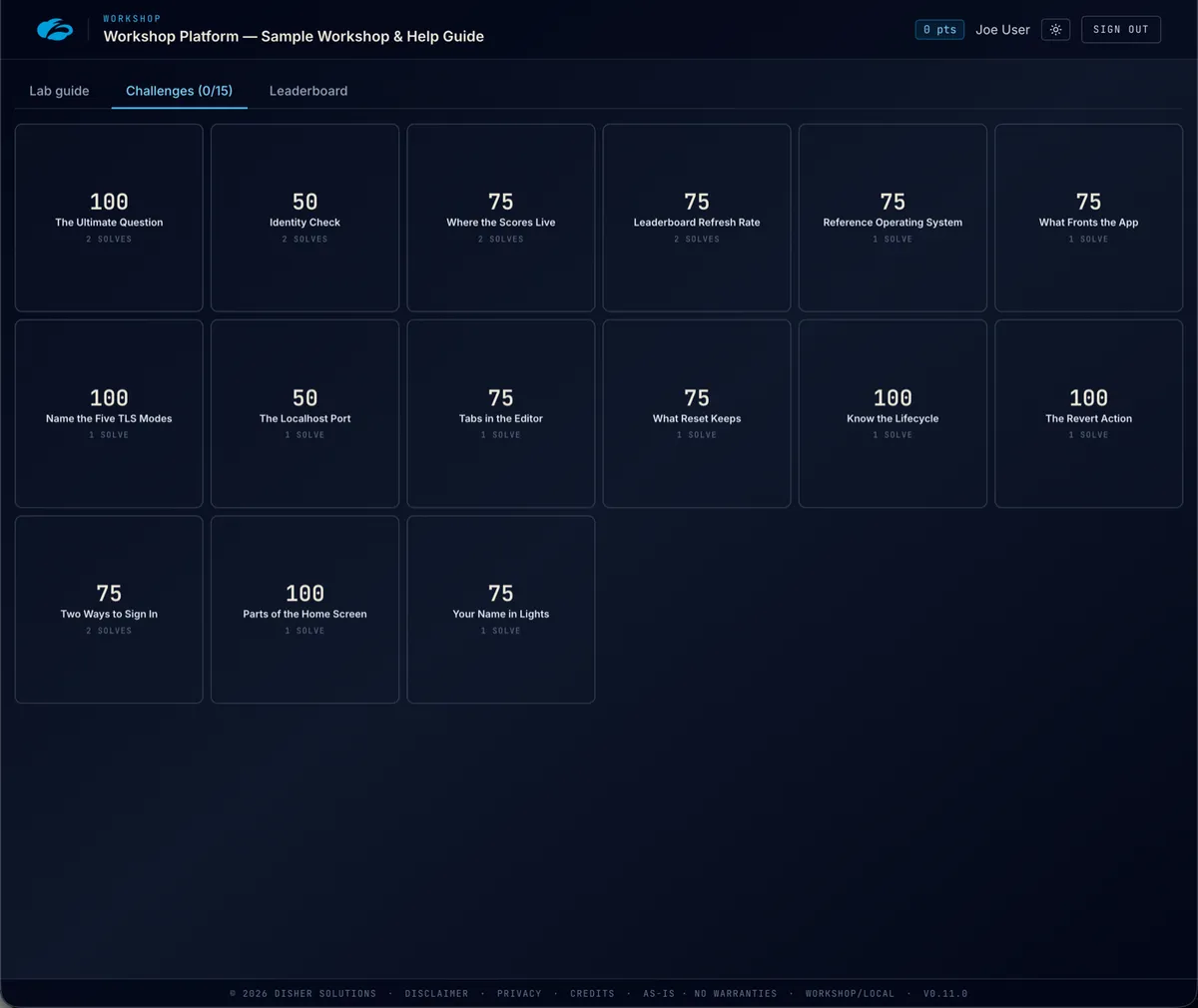 Challenges in CTF mode — a Jeopardy-style tile board