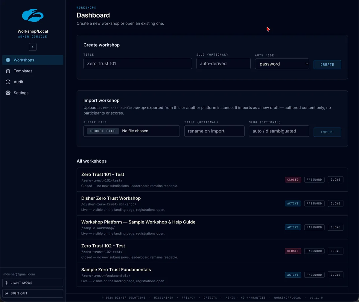 Admin dashboard — author and run workshops from one place